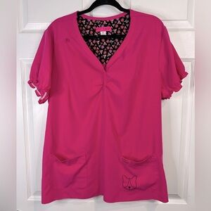 koi Betsey Johnson Blossom Y-Neck Scrub Top - Flamingo Pink - Size XL